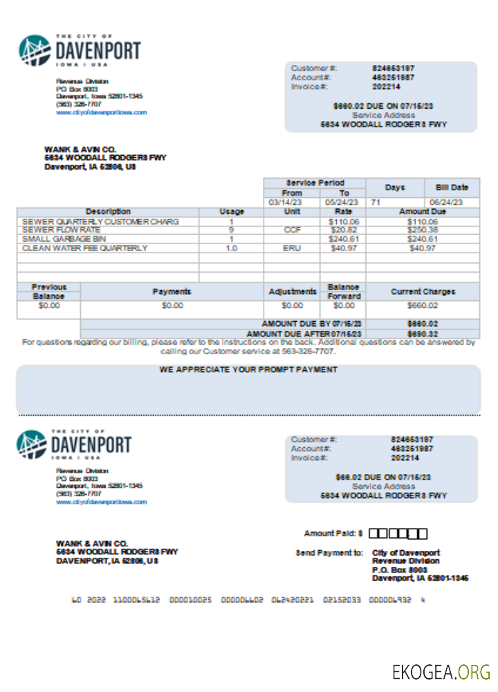 Facture commerciale de services publics de la ville de Davenport de l'Iowa, modèle Word et PDF scr